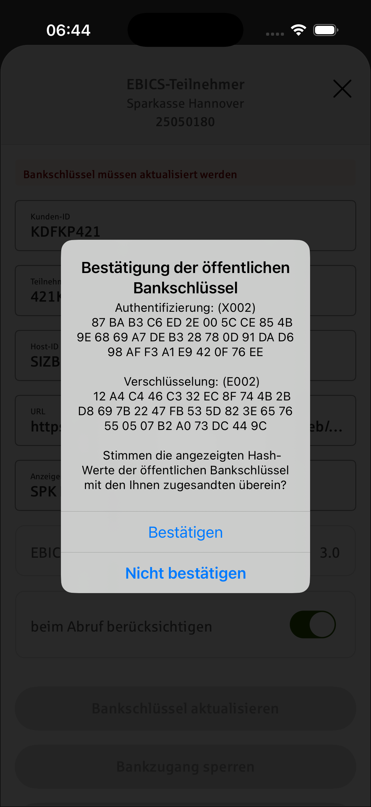 Hashwerte der Bankschküssel